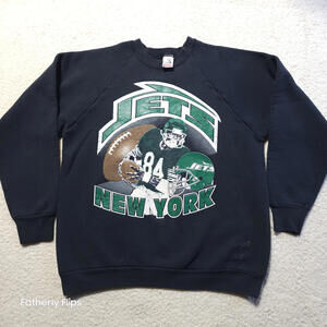 Vintage Fruit of the Loom New York Jets Crewneck Sweatshirt Large Cotton Navy